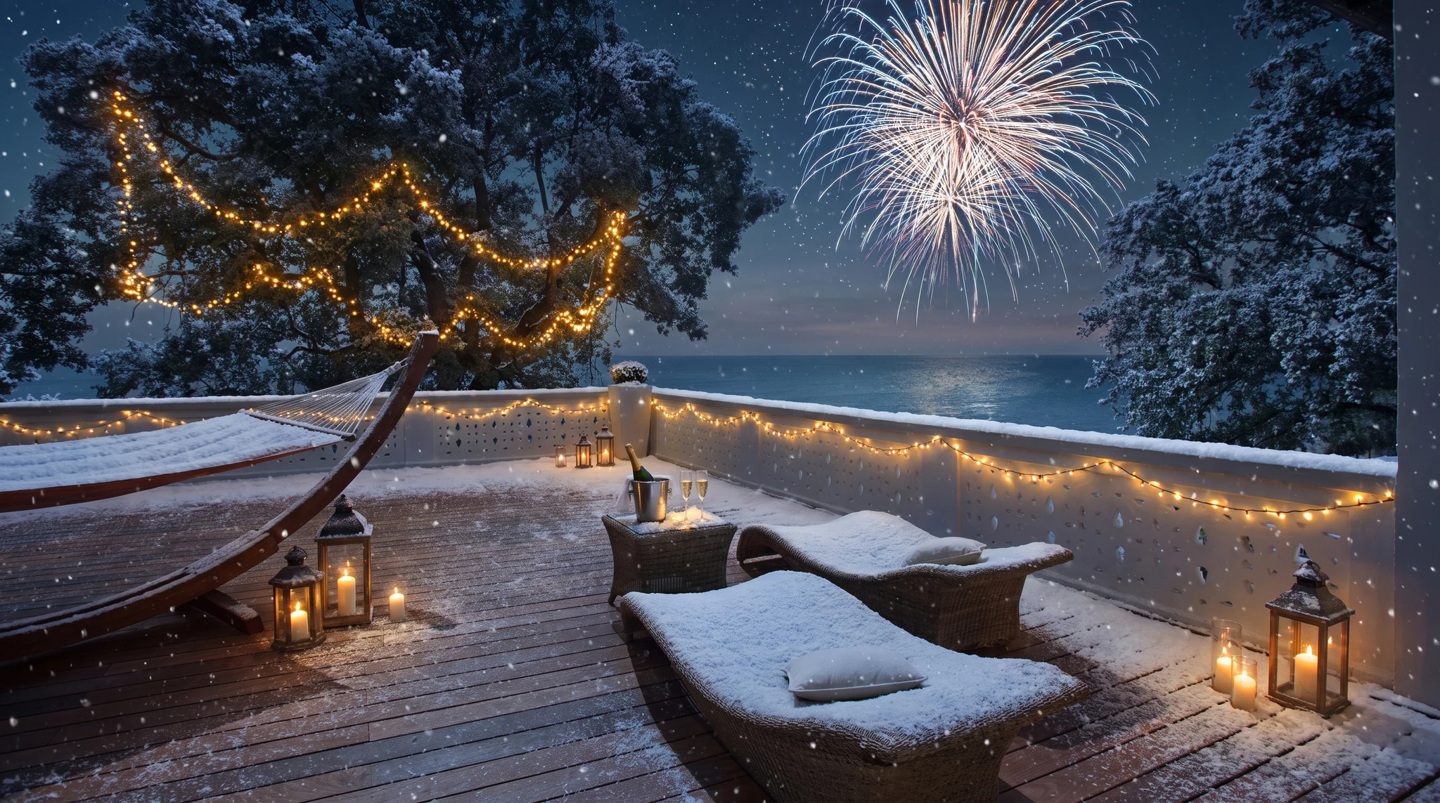 Заснежена новогодишна тераса на HVD Boutique Hotel Oasis с празнични светлини, фенери и гледка към морето